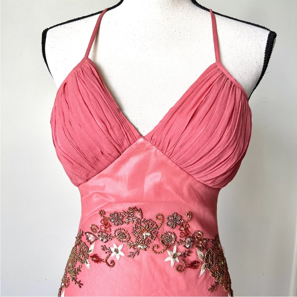 Vintage 90s 100% Silk Bead Dress Silk Dress Floral Prom Dress Fairy Cottage Pink - Picture 3 of 17